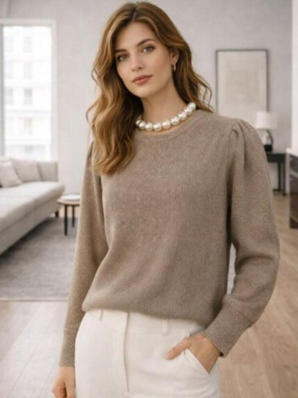 Stitches & Stripes Tan Ribbed Sweater NWT Puffed Sleeves Crew Neck XL